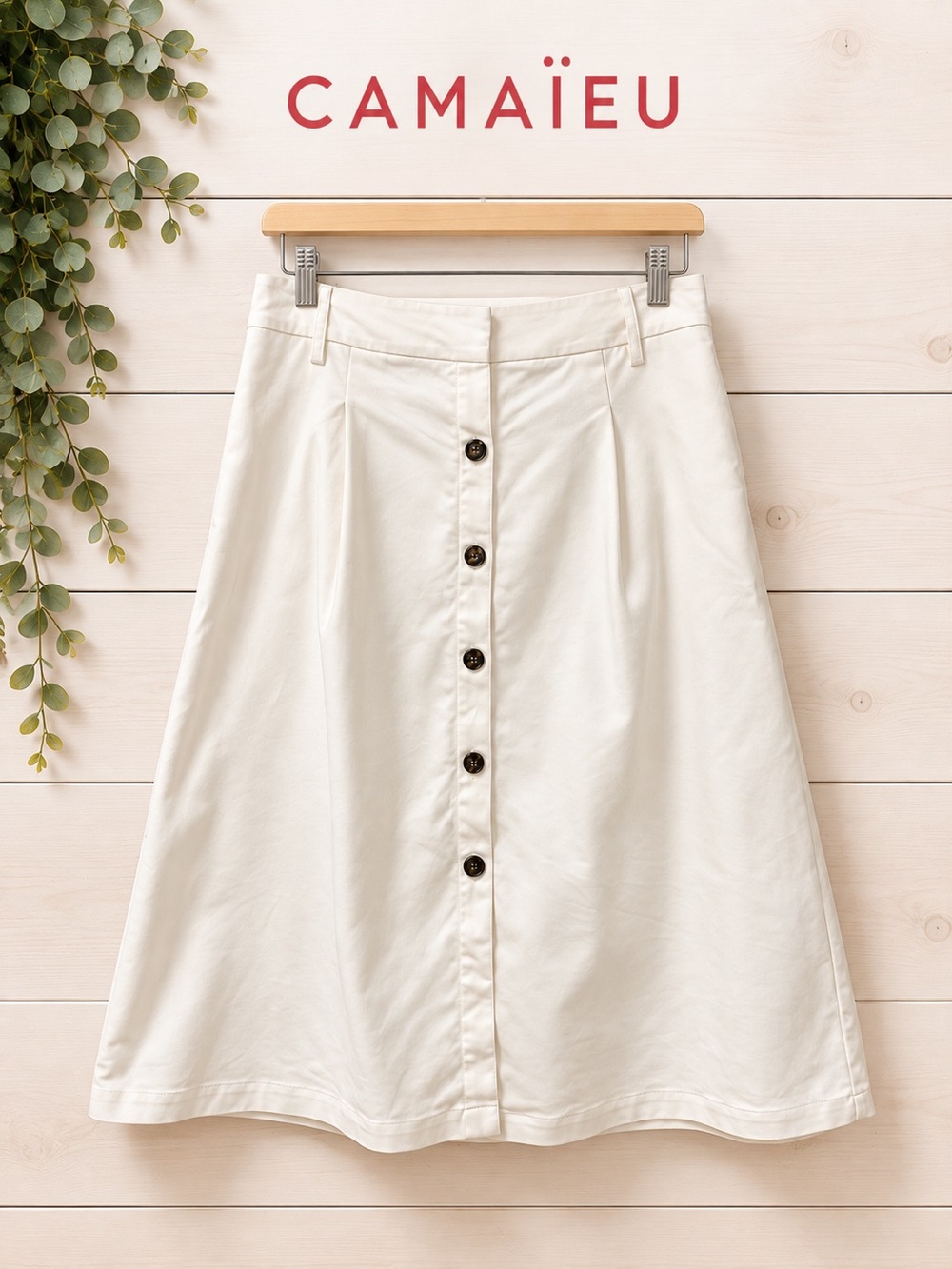 Camaïeu White Button-Front A-Line Midi Skirt – Size 40 / US 12